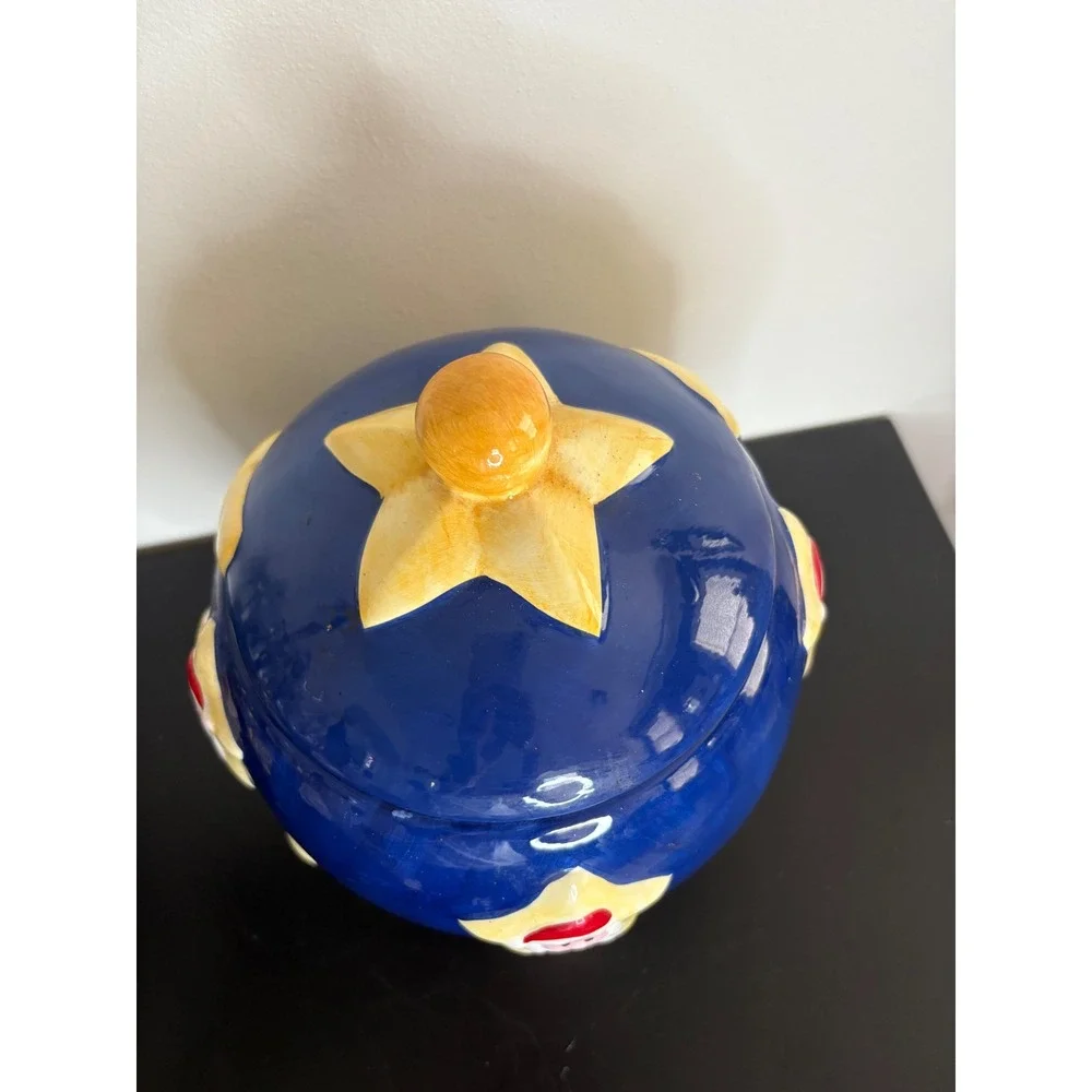 Round Santa Moon Star Blue Ceramic Cookie Jar Whimsical Christmas‎ Holidays